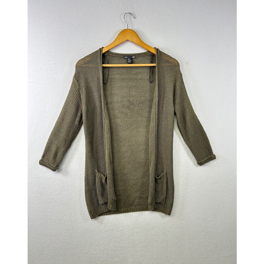 H&M Basic Knit Open Front Long Sleeve Cardigan Olive Green XS